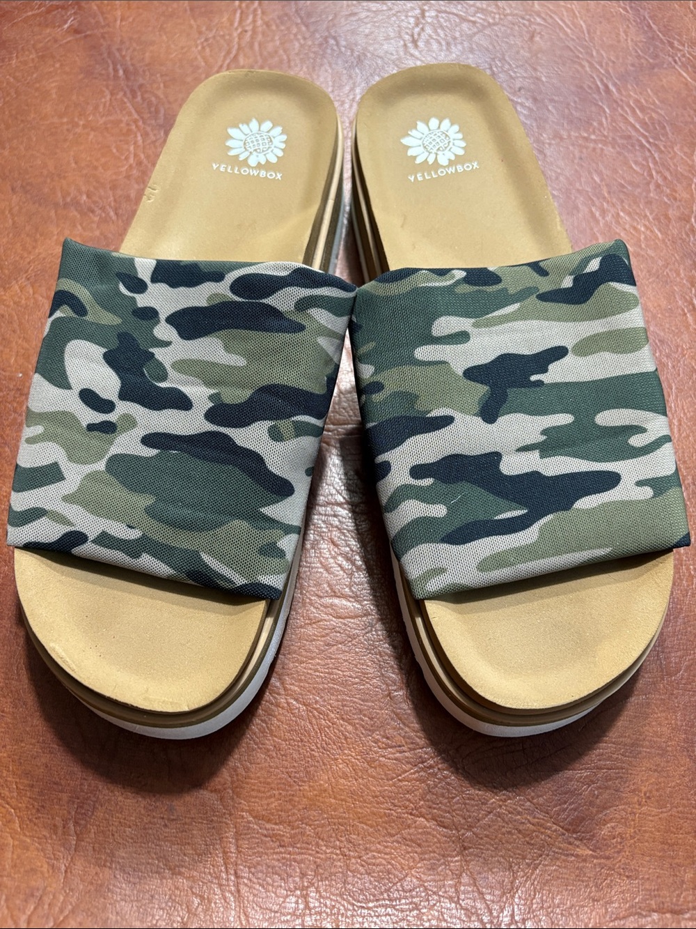 Yellow Box Camo Slide Mules in Olive Green and Black